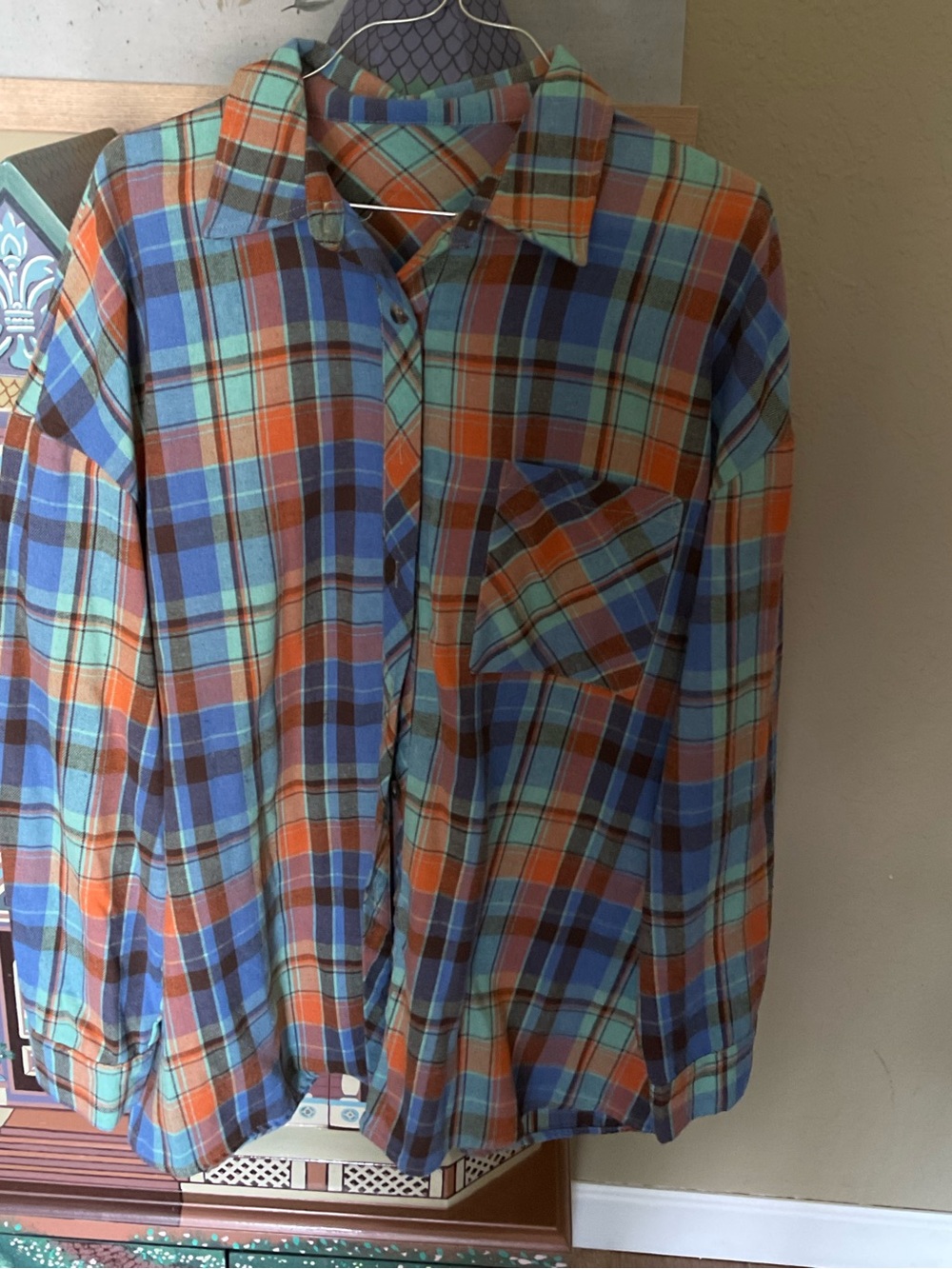 Women’s Plaid Button-Up Shirt in Blue & Orange
